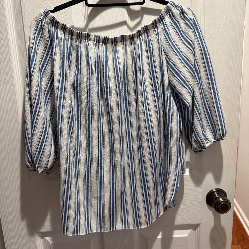 Soprano Blue and White Striped Off-Shoulder Blouse - Picture 2 of 6